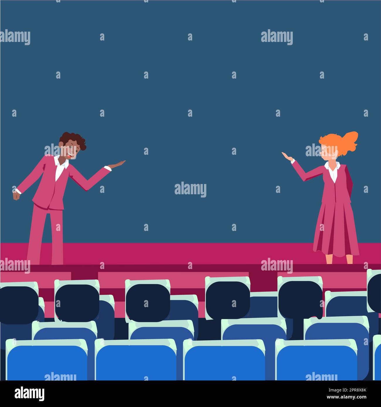 I leader aziendali professionisti che indossano abiti formali parlano. Modello di ruolo colleghi fase di orientamento di pubblico parlare. Fase di dibattito maschile e femminile. Illustrazione Vettoriale