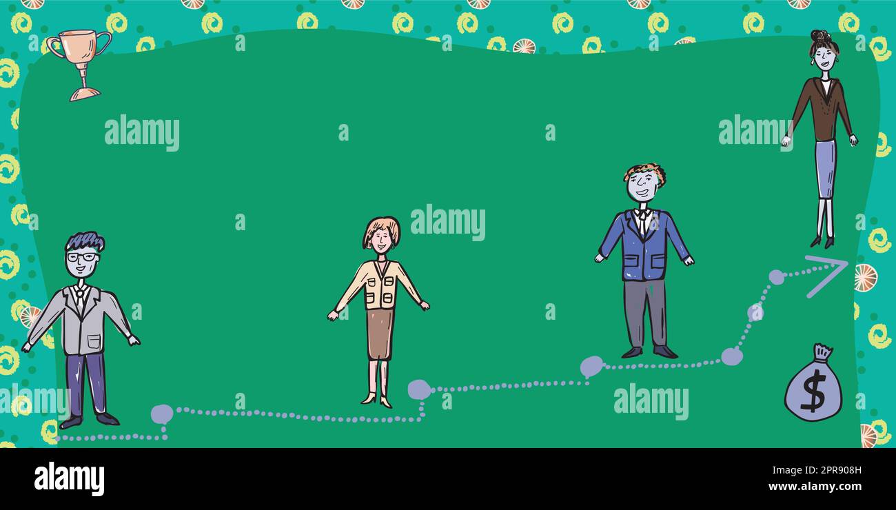 Business Team in piedi sulla scala per il successo con Trophy e Money Bag sui lati. Uomini d'affari e donne d'affari che presentano un importante messaggio per lo sviluppo. Illustrazione Vettoriale