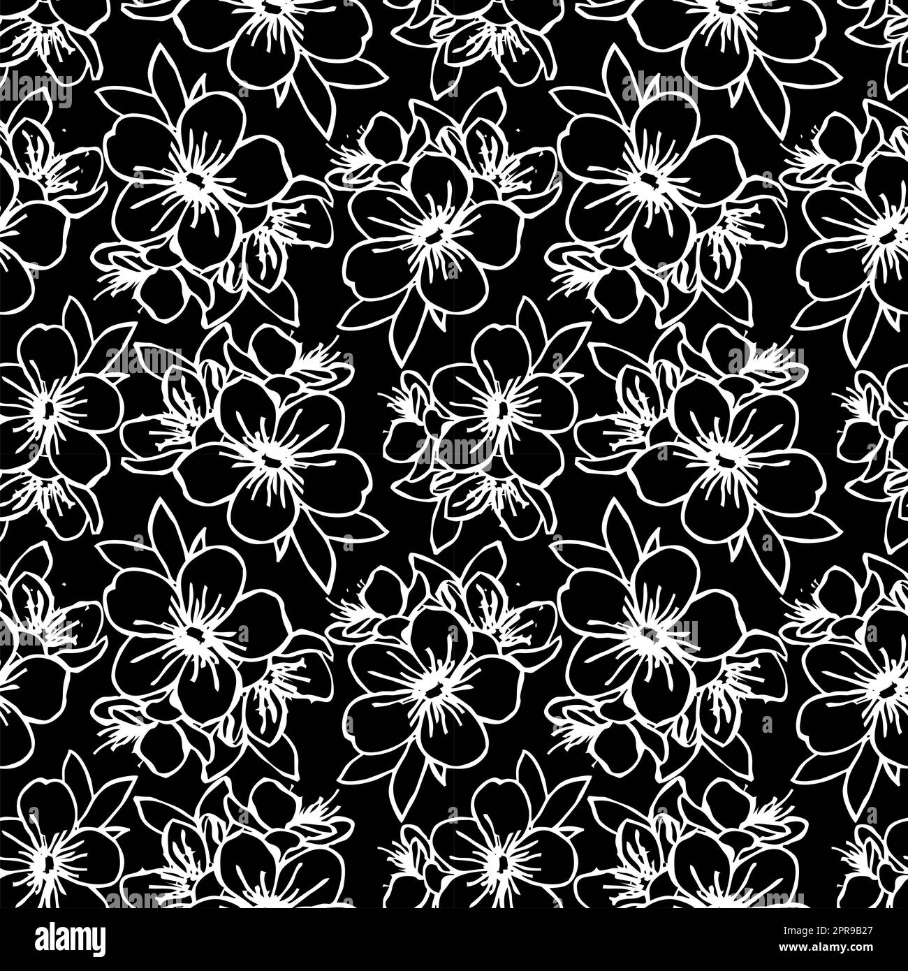 contorno senza cuciture di grandi fiori grafici bianchi su sfondo nero, texture, design Foto Stock