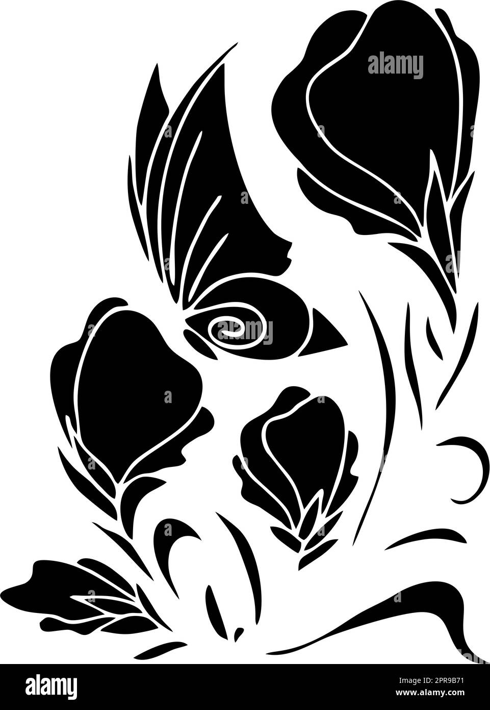 disegno grafico a contorno nero di un bouquet di fiori su sfondo bianco, disegno Foto Stock