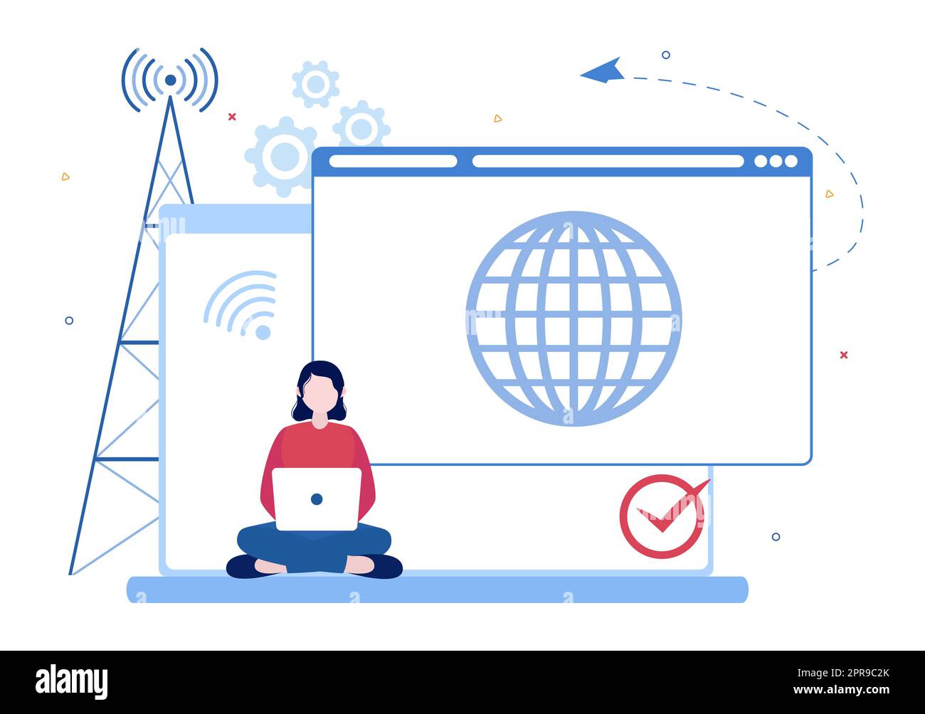 Illustrazione Cartoon ISP o provider di servizi Internet con parole chiave e icone per accesso Intranet, connessione di rete sicura e protezione della privacy Foto Stock