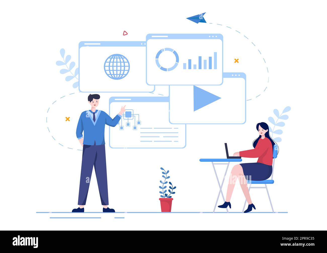 Illustrazione Cartoon ISP o provider di servizi Internet con parole chiave e icone per accesso Intranet, connessione di rete sicura e protezione della privacy Foto Stock