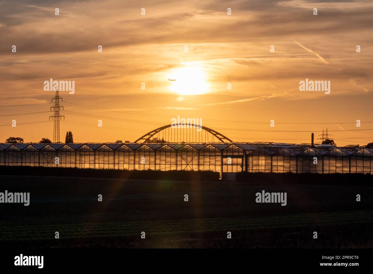 Tramonto dorato sulle sagome delle serre con ponte e torre elettrica per l'energia solare in attività agricole in campagna idilliaca e paesaggi rurali mostra serre di vetro verdure salutari Foto Stock