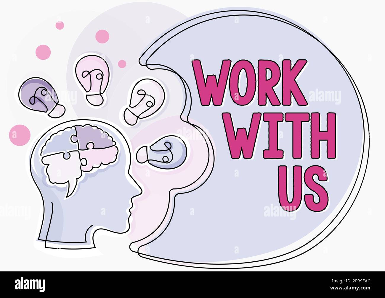 L'ispirazione mostra segni lavora con noi. Parola per invito a entrare a far parte di un'azienda di team di lavoro Institution Man with Pensing Brain Thinking New Ideas shown on Presentation Board. Foto Stock