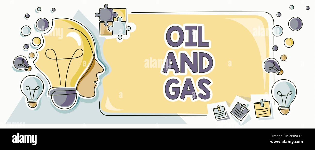 Didascalia concettuale per petrolio e gas. Business Concept Exploration Extraction Refining Marketing Petroleum Products Man with Light Bulbs and Puzzle Pieces Around Thinking New Ideas. Foto Stock
