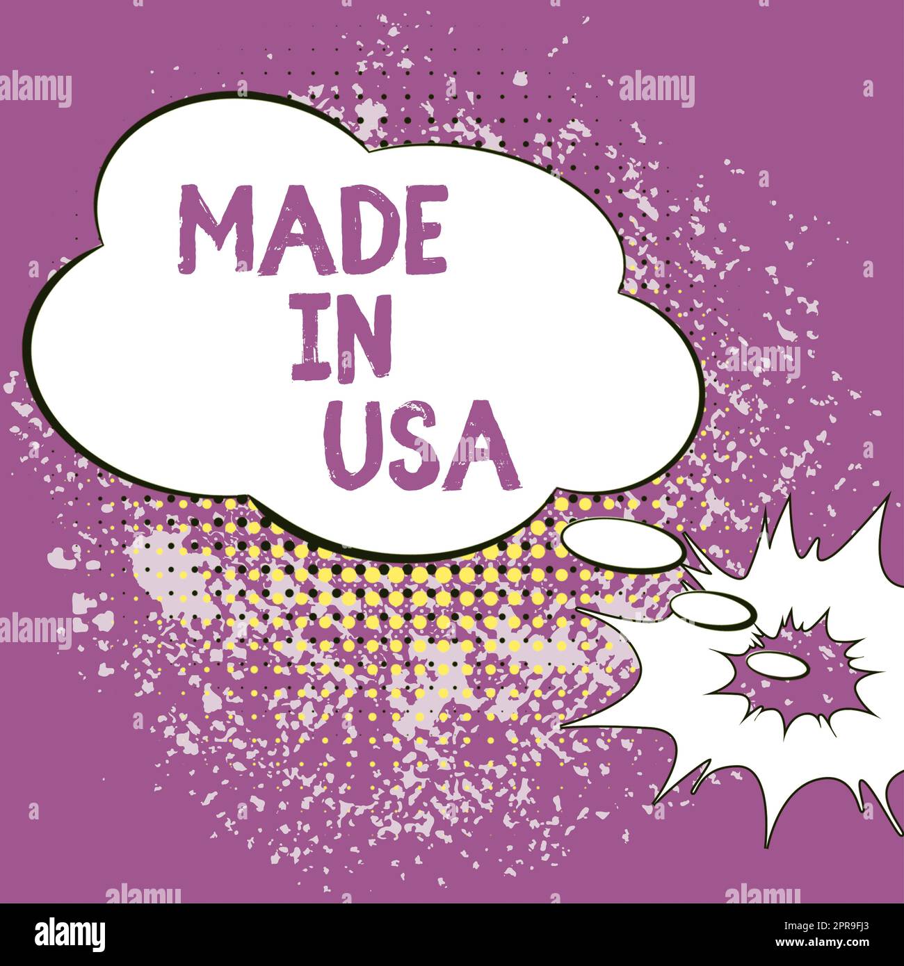 Didascalia di testo Made in USA. Vetrina aziendale marchio americano prodotto locale fabbricato negli Stati Uniti Cloud Thought Bubble con modello per banner Web e pubblicità. Foto Stock