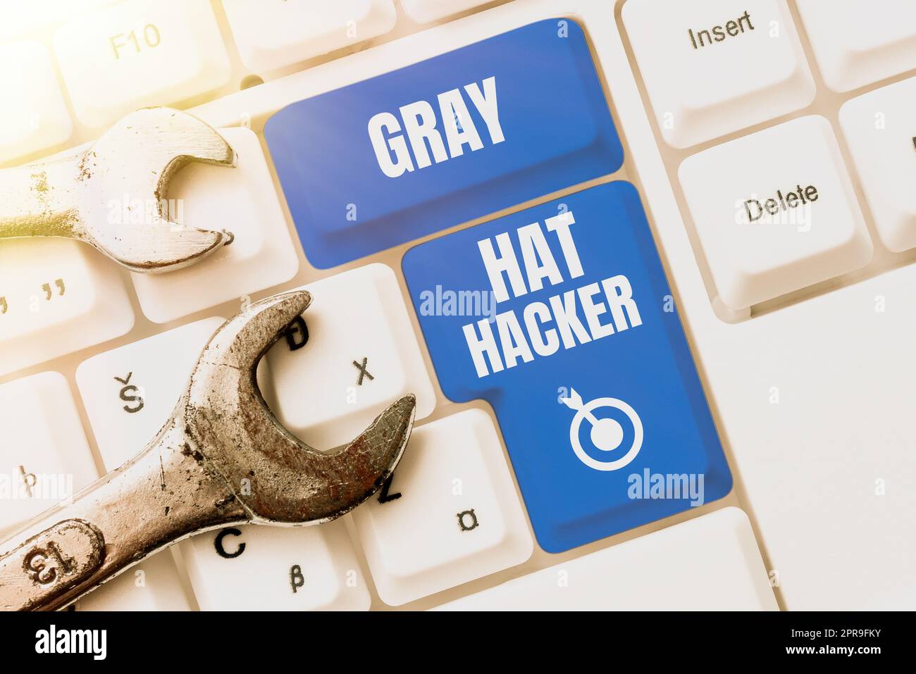 Testo della scrittura Gray Hat Hacker. Concetto che significa esperto di sicurezza informatica che a volte può violare le leggi -48966 Foto Stock