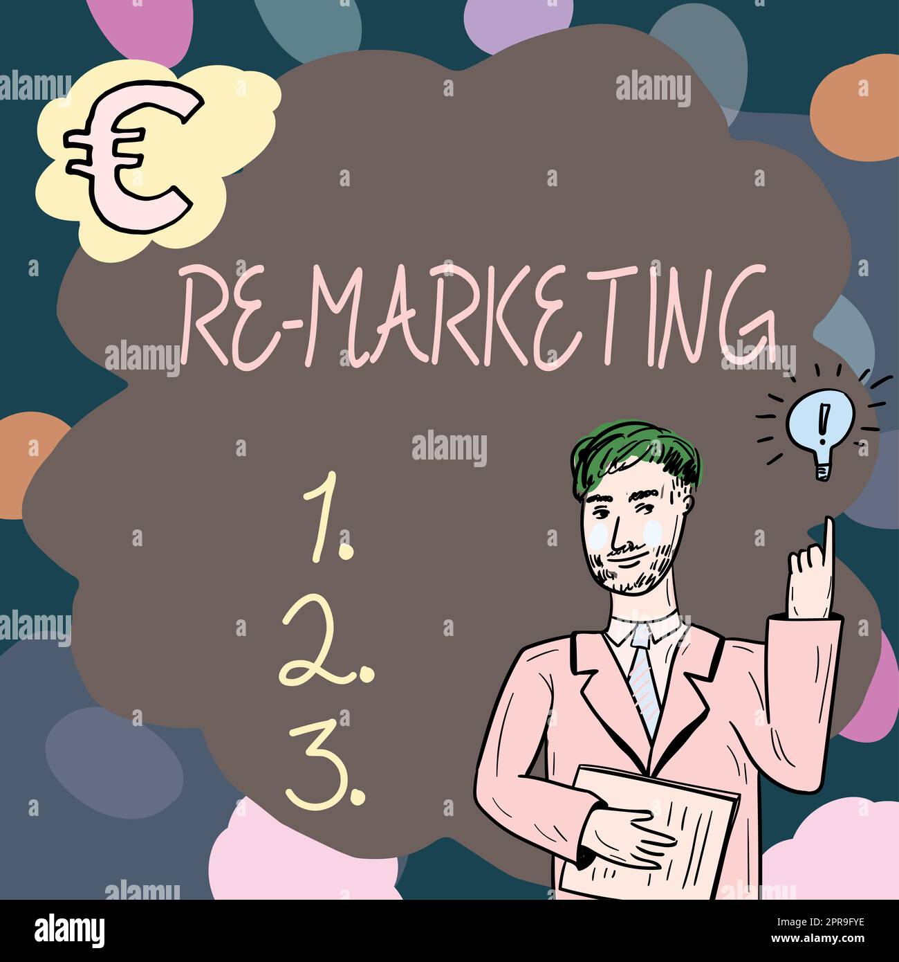 Segno di testo che mostra Re Marketing. Vetrina aziendale strategia per raggiungere i potenziali clienti nel vostro sito Web Man Thinking messaggi importanti con Euro Sign e disegni di lampadine. Foto Stock