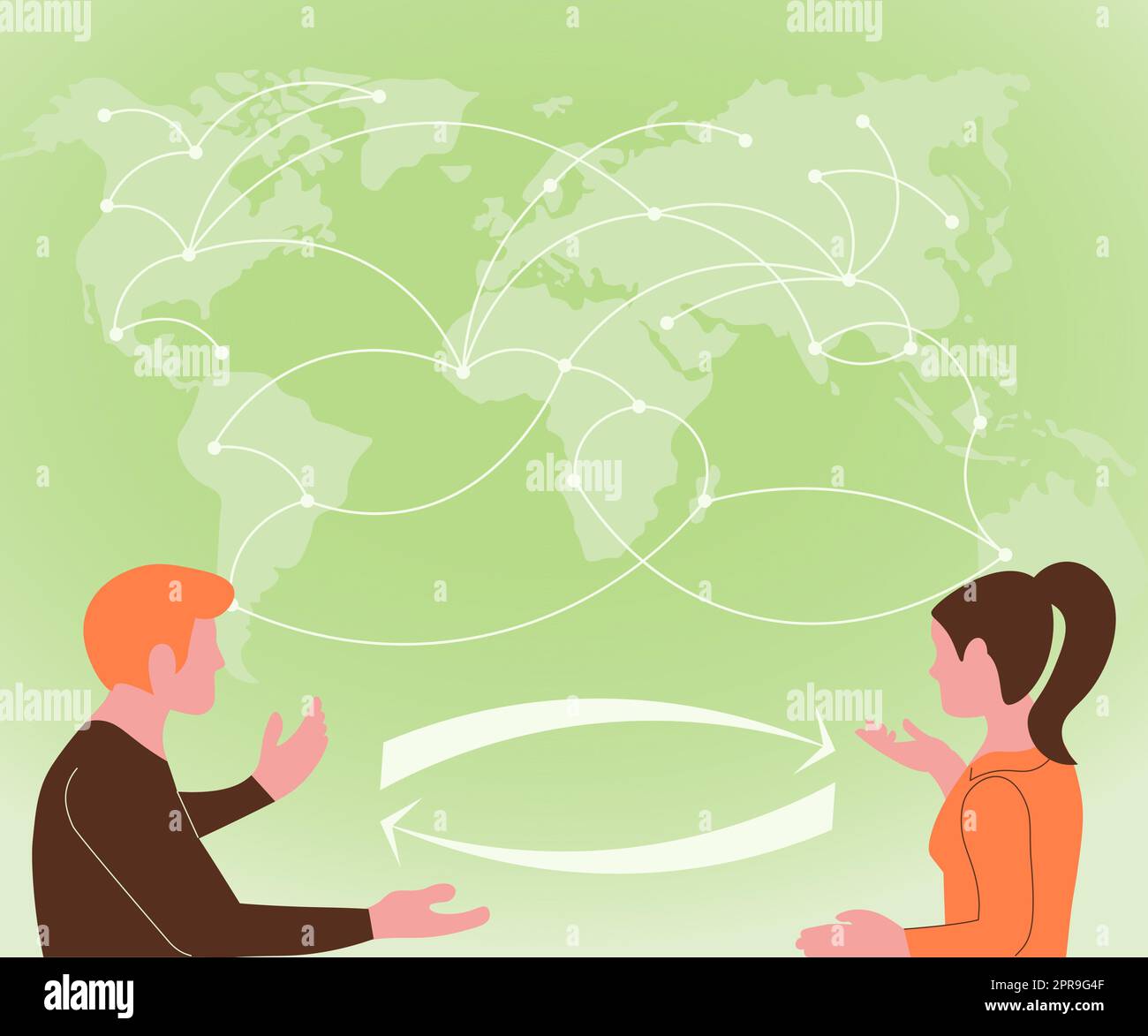 Due compagni di squadra che discutono di nuove idee che guardano alla Mappa del mondo Brainstorming nuove soluzioni. Colleghi che chiacchierano discutendo di Globe Chart per le risoluzioni. Illustrazione Vettoriale