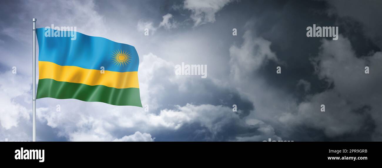 Bandiera del Ruanda su un cielo nuvoloso Foto Stock