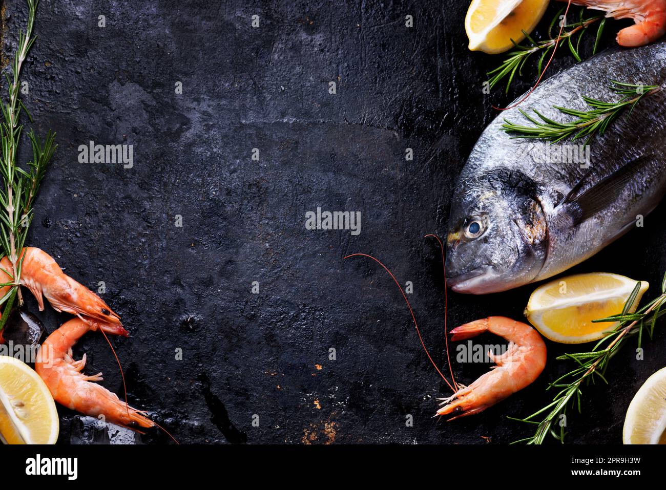 Frutti di mare su sfondo nero Foto Stock