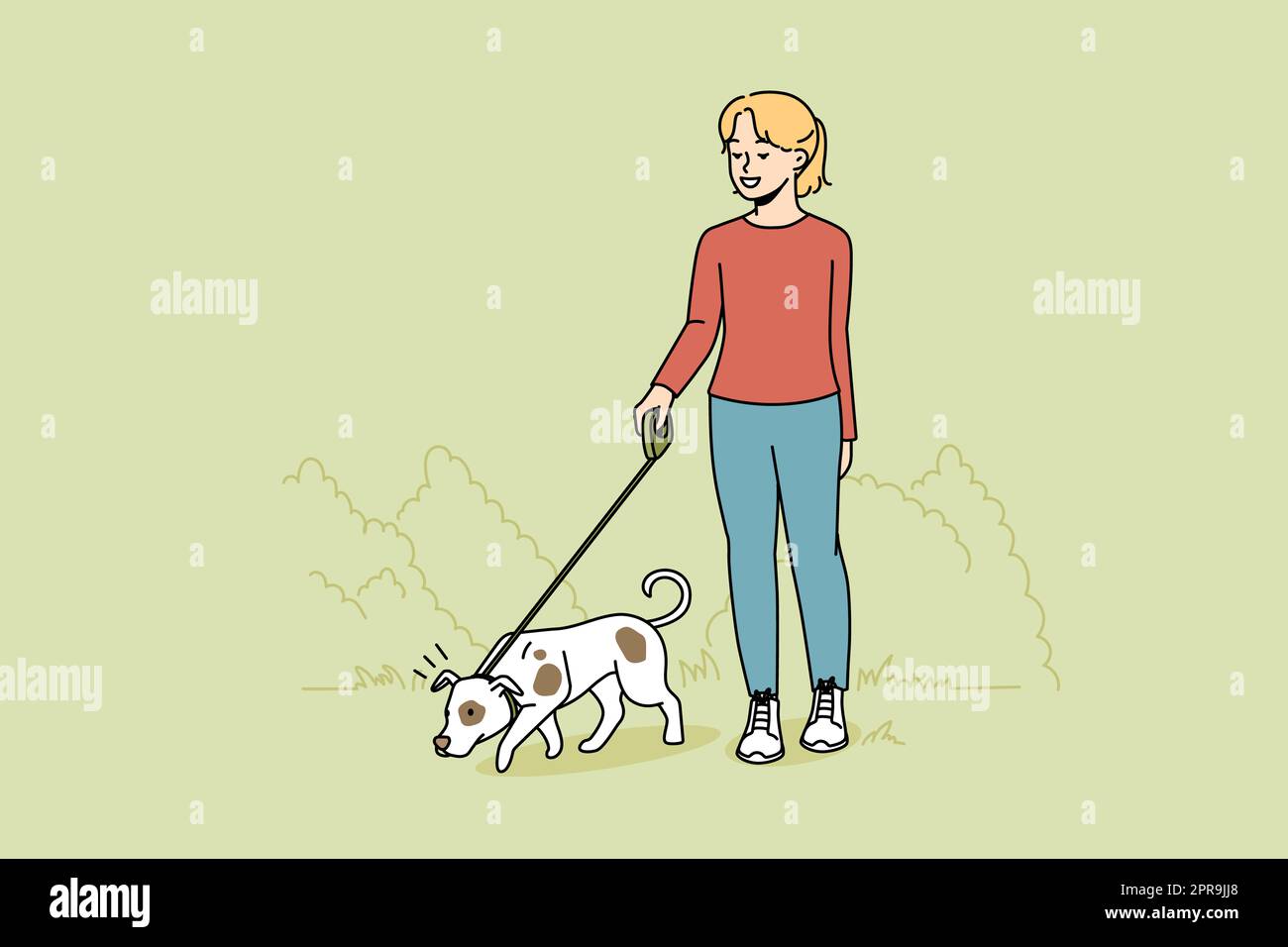 Cane a piedi ragazza al guinzaglio all'aperto. Un bambino felice con animali domestici che si gode una passeggiata nel parco. Animali domestici e amicizia. Illustrazione vettoriale. Foto Stock