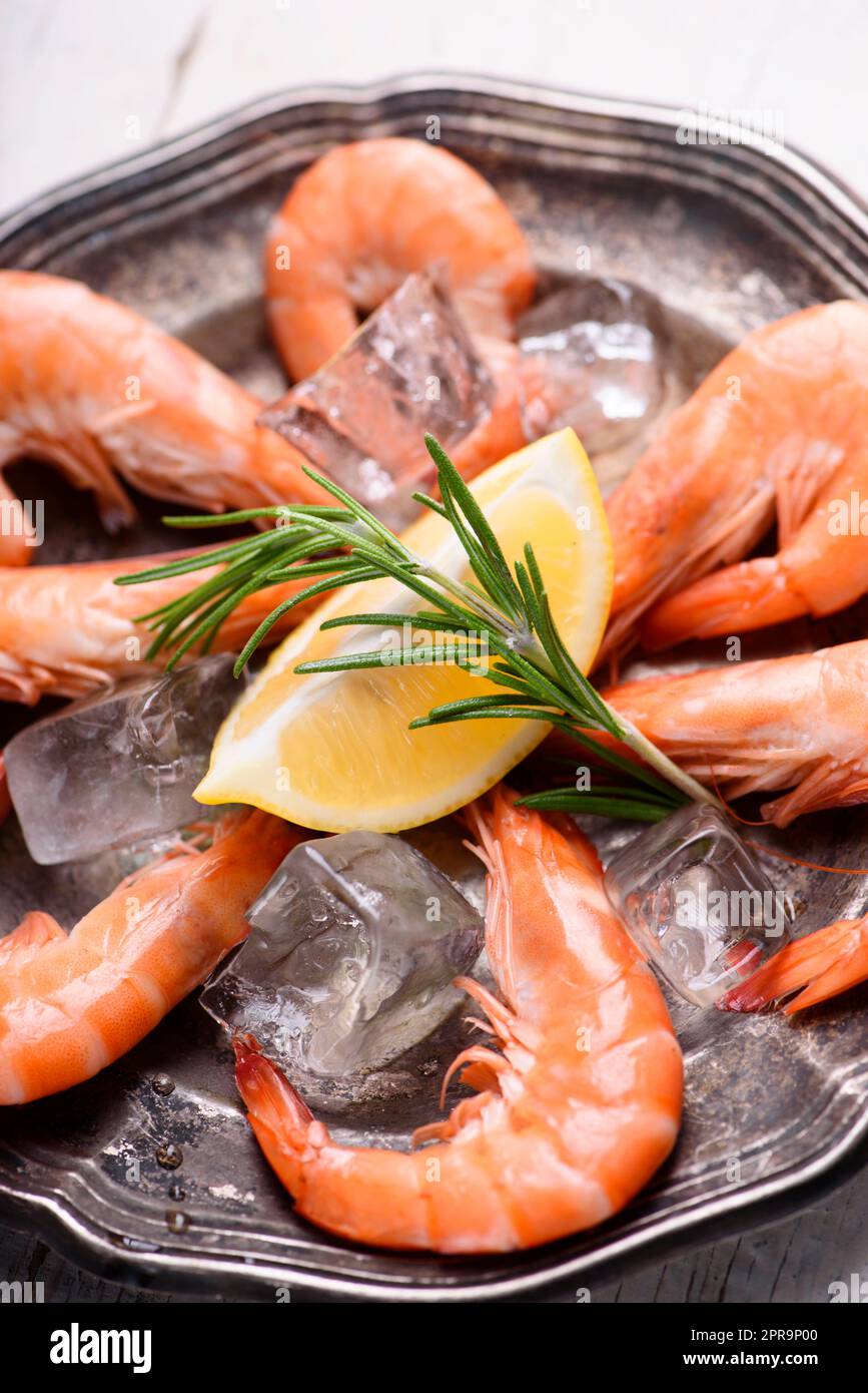 Gamberetti freschi su ghiaccio Foto Stock