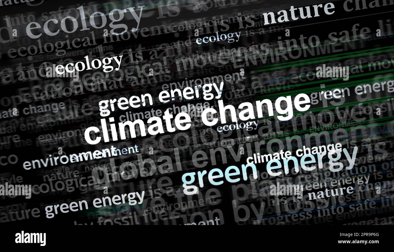 Cambiamento climatico ecologia energia verde ambiente natura crisi. Titolo news titoli International media abstract concetto 3D illustrazione. Foto Stock