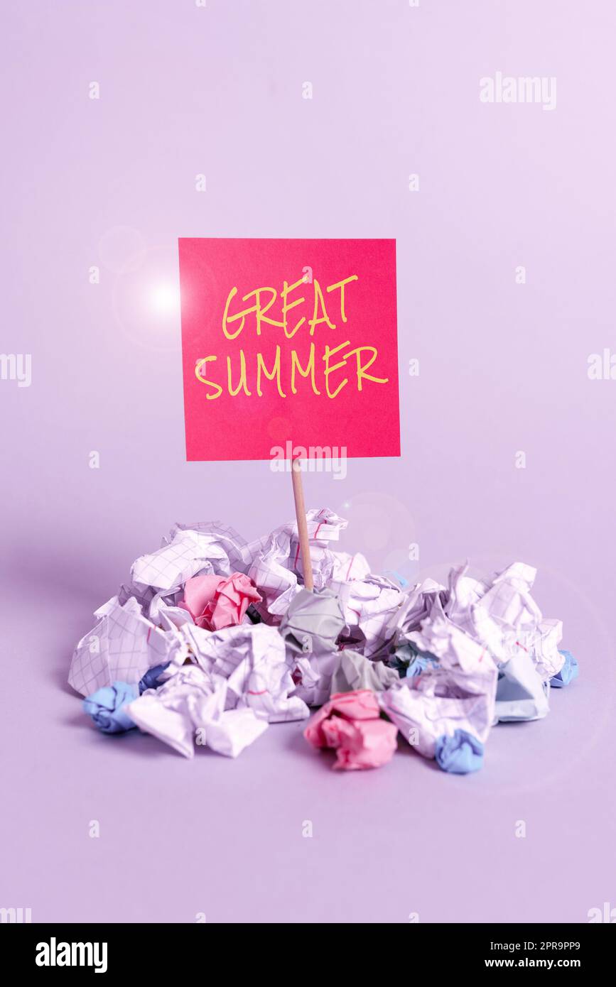 Scritta a mano Great Summer. Concetto che significa divertirsi bene sole andare in spiaggia godendosi all'aperto legature di carta intorno a informazioni importanti fissate su un pezzo di legno. Foto Stock