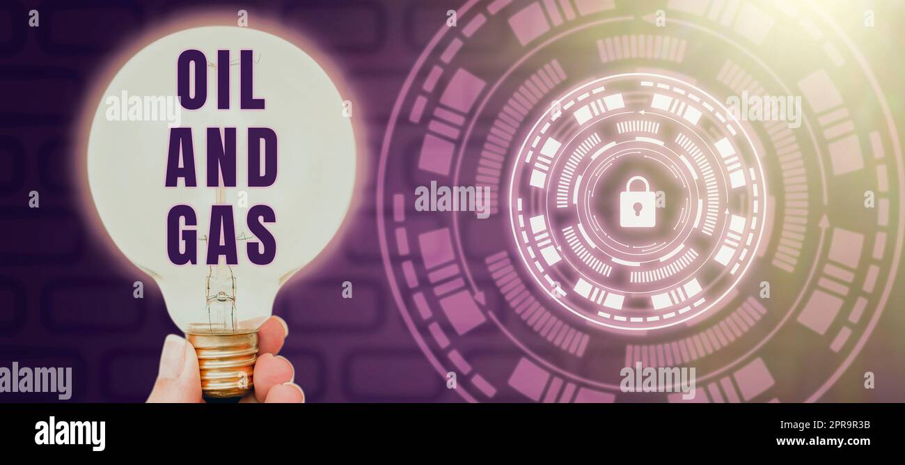 Scrittura visualizzazione del testo petrolio e gas. Vetrina aziendale esplorazione estrazione raffinazione Marketing prodotti petroliferi Woman Holding Light Bulb by Futuristic Lock Presenting Data Security. Foto Stock