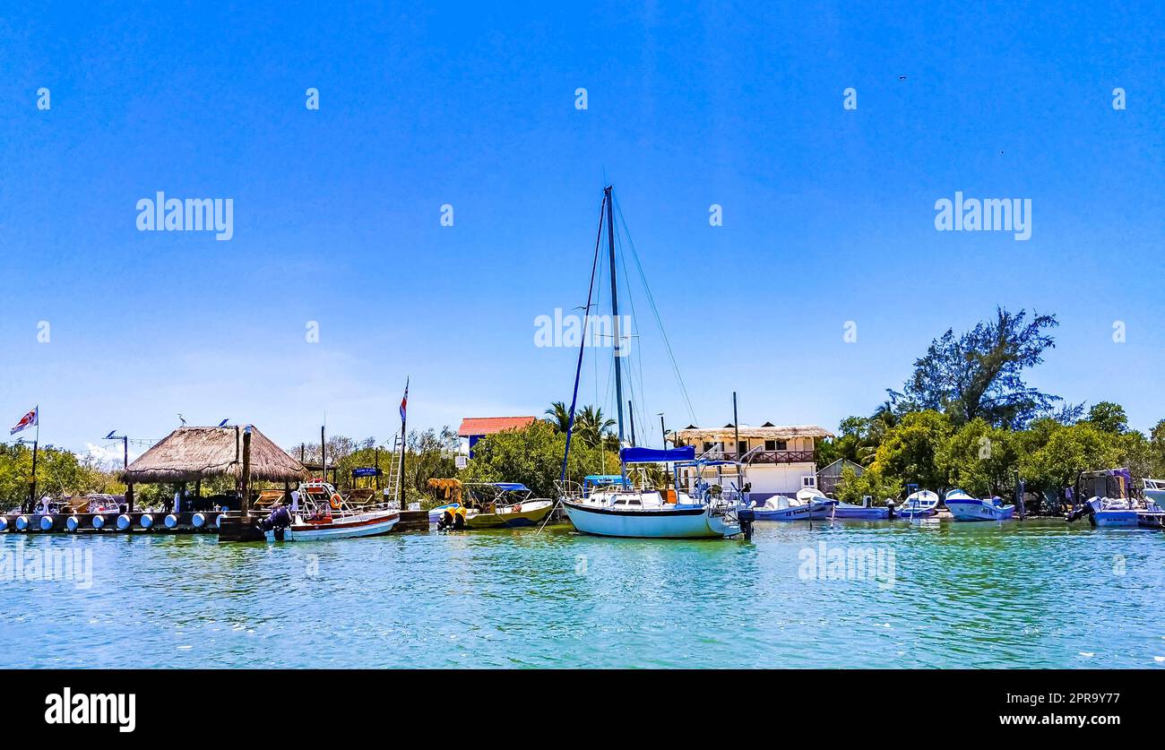 Panorama paesaggio barche Holbox porto Muelle de Holbox Messico. Foto Stock