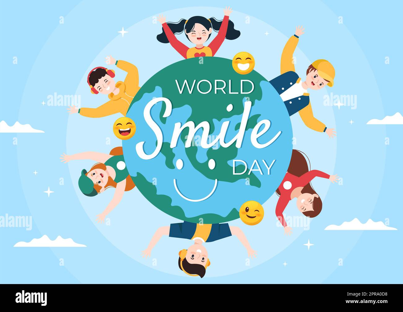 Cartoon disegnato a mano per la Giornata Mondiale del sorriso Illustrazione con il volto sorridente della Gioventù e della felicità in stile piatto sfondo Foto Stock