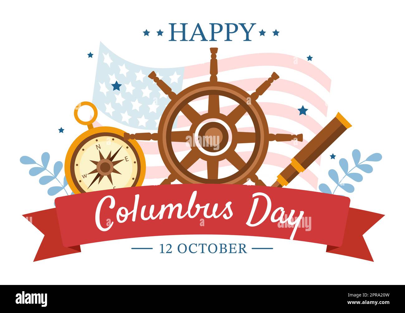 Felice Columbus Day National Holiday Hand Drawed Cartoon Illustrazione con onde blu, Bussola, nave e bandiere degli Stati Uniti in stile piatto sfondo Foto Stock