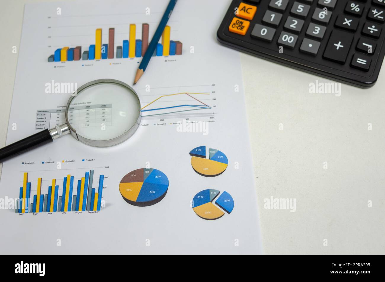 Informazioni sulla gestione dei grafici dei documenti aziendali rapporto di marketing e pianificazione della documentazione statistica concetto di finanziamento. Foto Stock