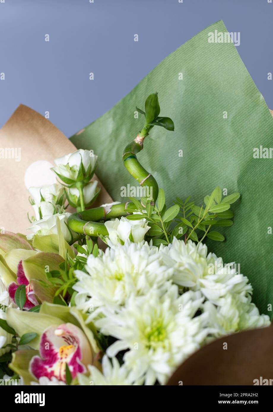 Primo piano di un bouquet di crisantemi decorati con un ramoscello verde originale. Foto Stock