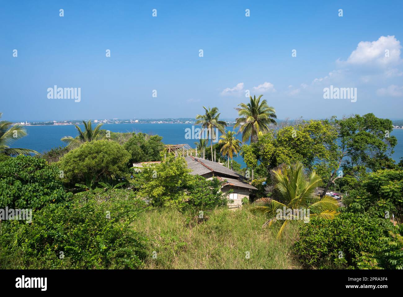 Vista dalla pace giapponese Pagoda di Unawatuna alla direzione Galle Foto Stock