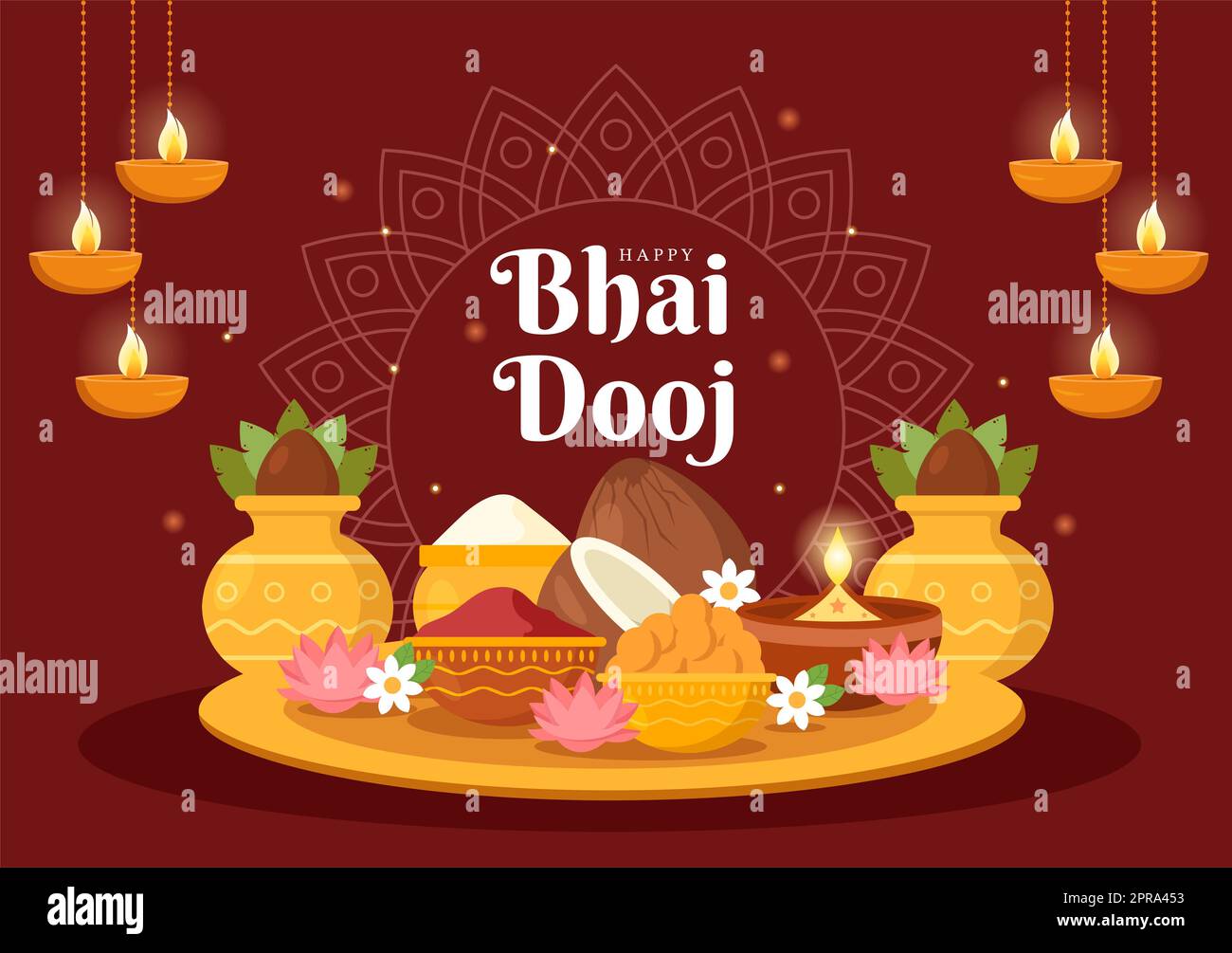 Happy Bhai Dooj Indian Festival Celebration Cartoon disegnata a mano Illustrazione delle sorelle prega per la protezione dei fratelli con un puntino sulla sua fronte Foto Stock