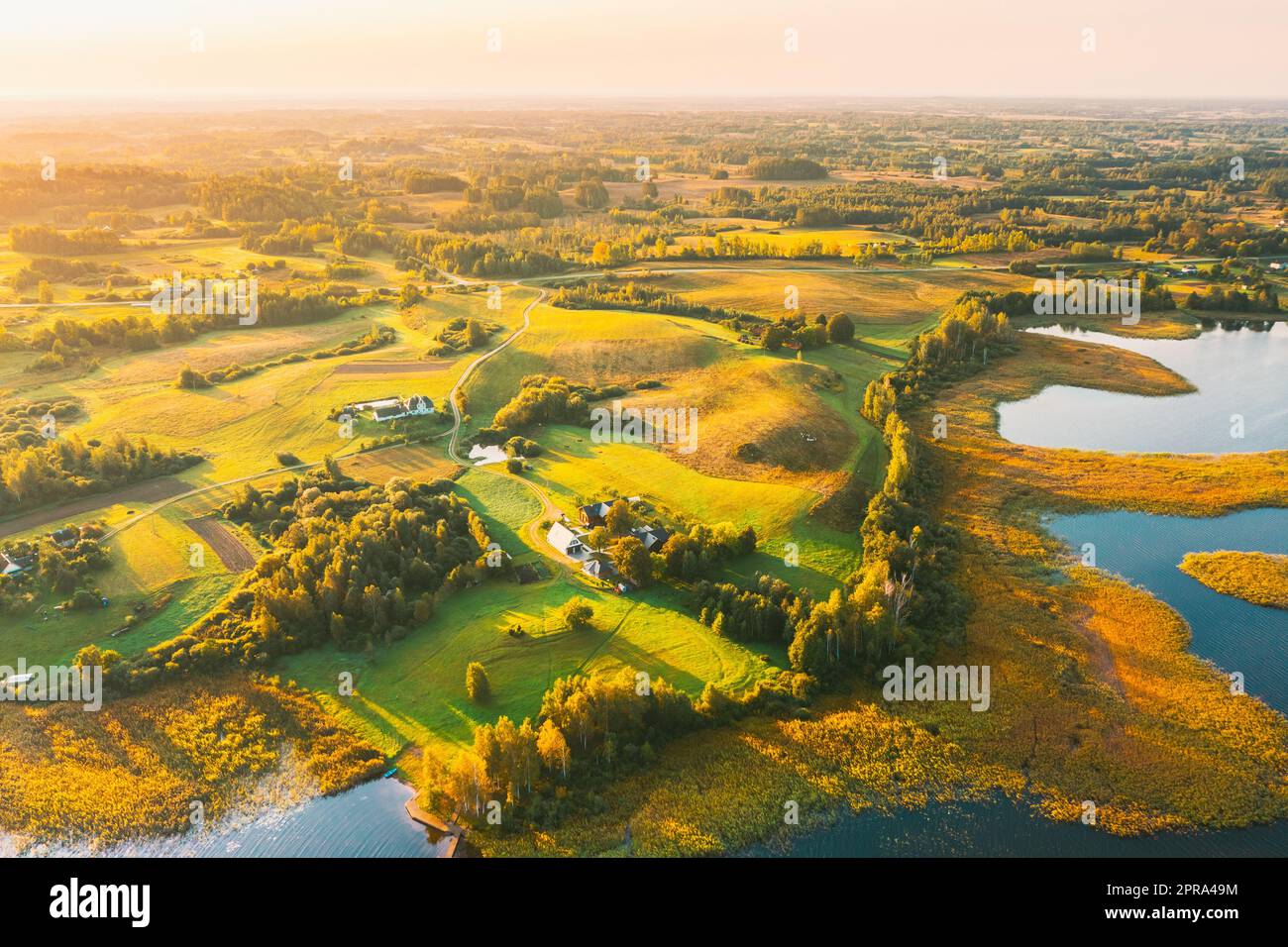 Braslaw o Braslau, Vitebsk Voblast, Bielorussia. Vista aerea della penisola Maskovichi vicino al lago Nedrava. Paesaggio al mattino soleggiato. Vista dall'alto della splendida natura europea da High Attitude. Bird's Eye View. Laghi famosi. Punto di riferimento naturale Foto Stock