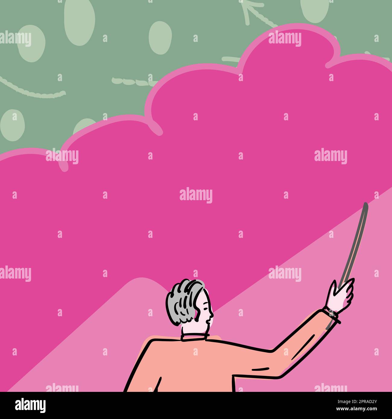 Istruttore di scuola disegno bastone di puntamento su lavagna vuota con sfondo nuvola. Professore universitario che tiene il puntatore al consiglio di amministrazione che mostra le nuove informazioni. Foto Stock