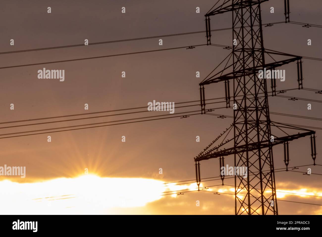 Il cielo dorato con i raggi del sole e il bagliore delle lenti mostra energia solare con la silhouette del pilone della torre elettrica nel tramonto dorato e il cielo arancione per un'energia sostenibile o fonti rinnovabili dal tramonto all'alba Foto Stock