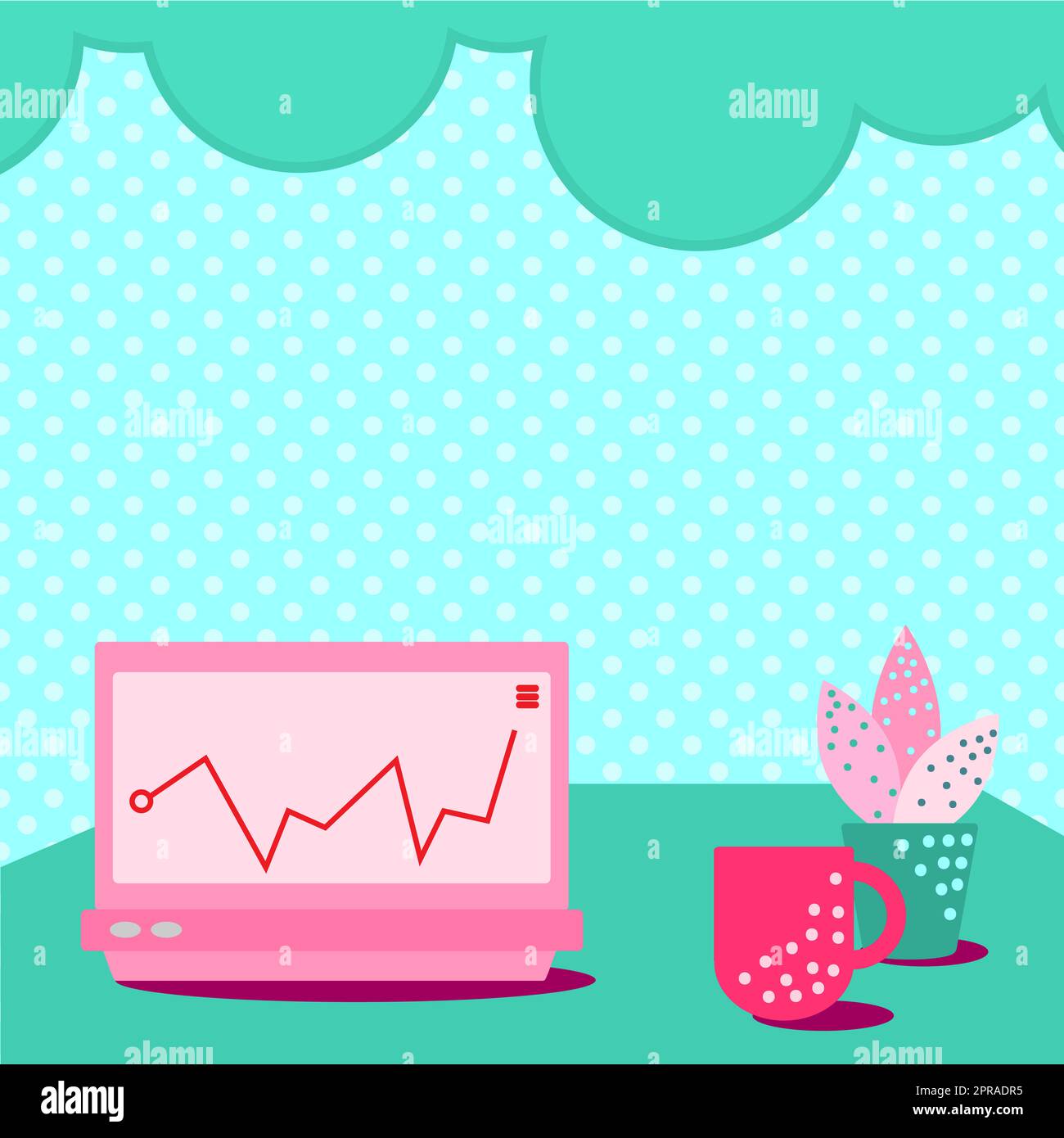 Laptop appoggiato su Un tavolo accanto alla tazza del caffè e alla pianta che mostra il processo di lavoro. Disegno della scrivania da ufficio con computer portatile. Computer Top Design. Foto Stock