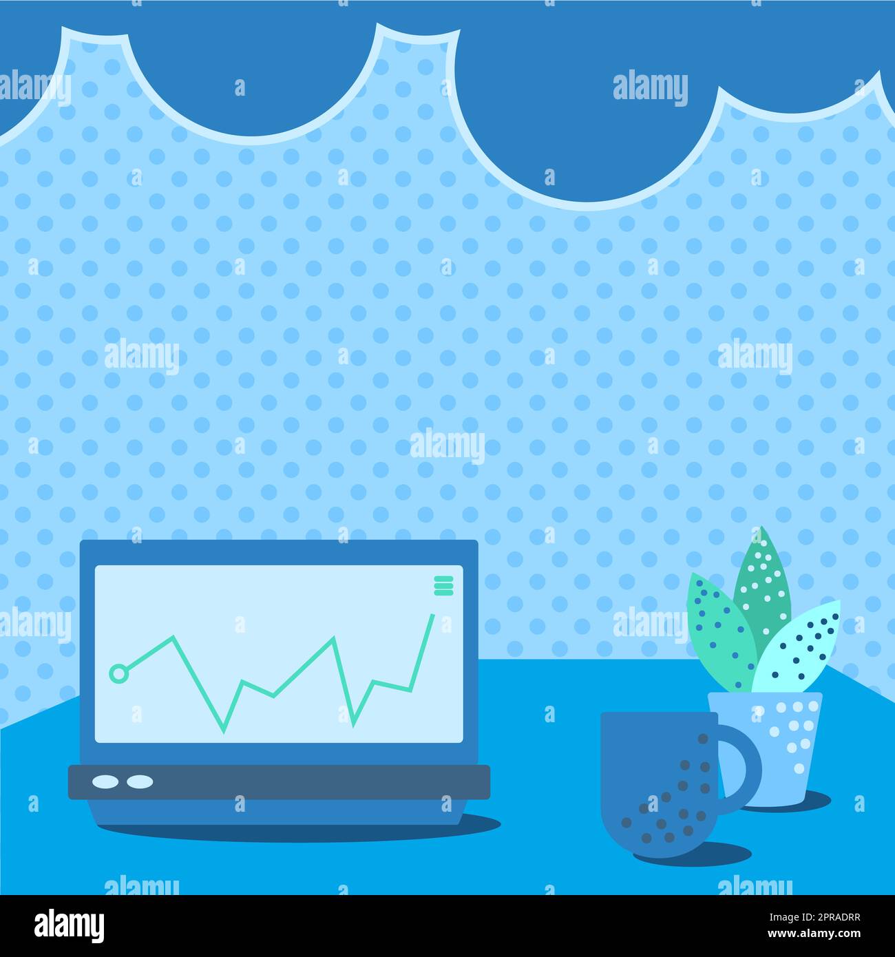 Laptop appoggiato su Un tavolo accanto alla tazza del caffè e alla pianta che mostra il processo di lavoro. Disegno della scrivania da ufficio con computer portatile. Computer Top Design. Foto Stock