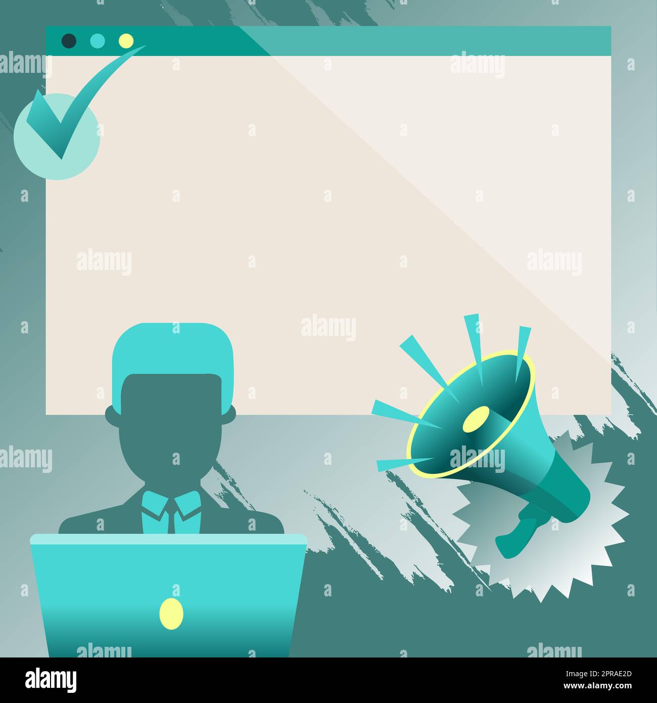 Uomo d'affari Drawing sitting lavorare con laptop accanto a Megaphone fare nuovo annuncio. Megafono visualizzazione di un messaggio importante su sfondo vuoto. Foto Stock