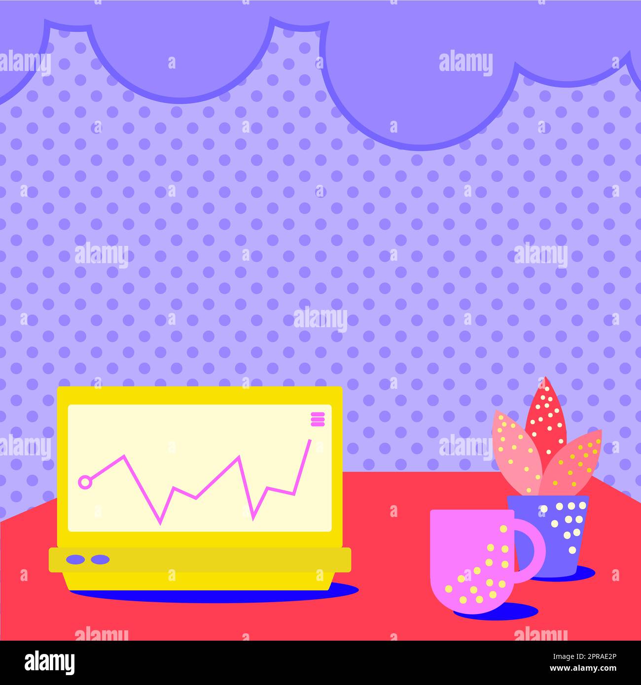 Laptop appoggiato su Un tavolo accanto alla tazza del caffè e alla pianta che mostra il processo di lavoro. Disegno della scrivania da ufficio con computer portatile. Computer Top Design. Foto Stock