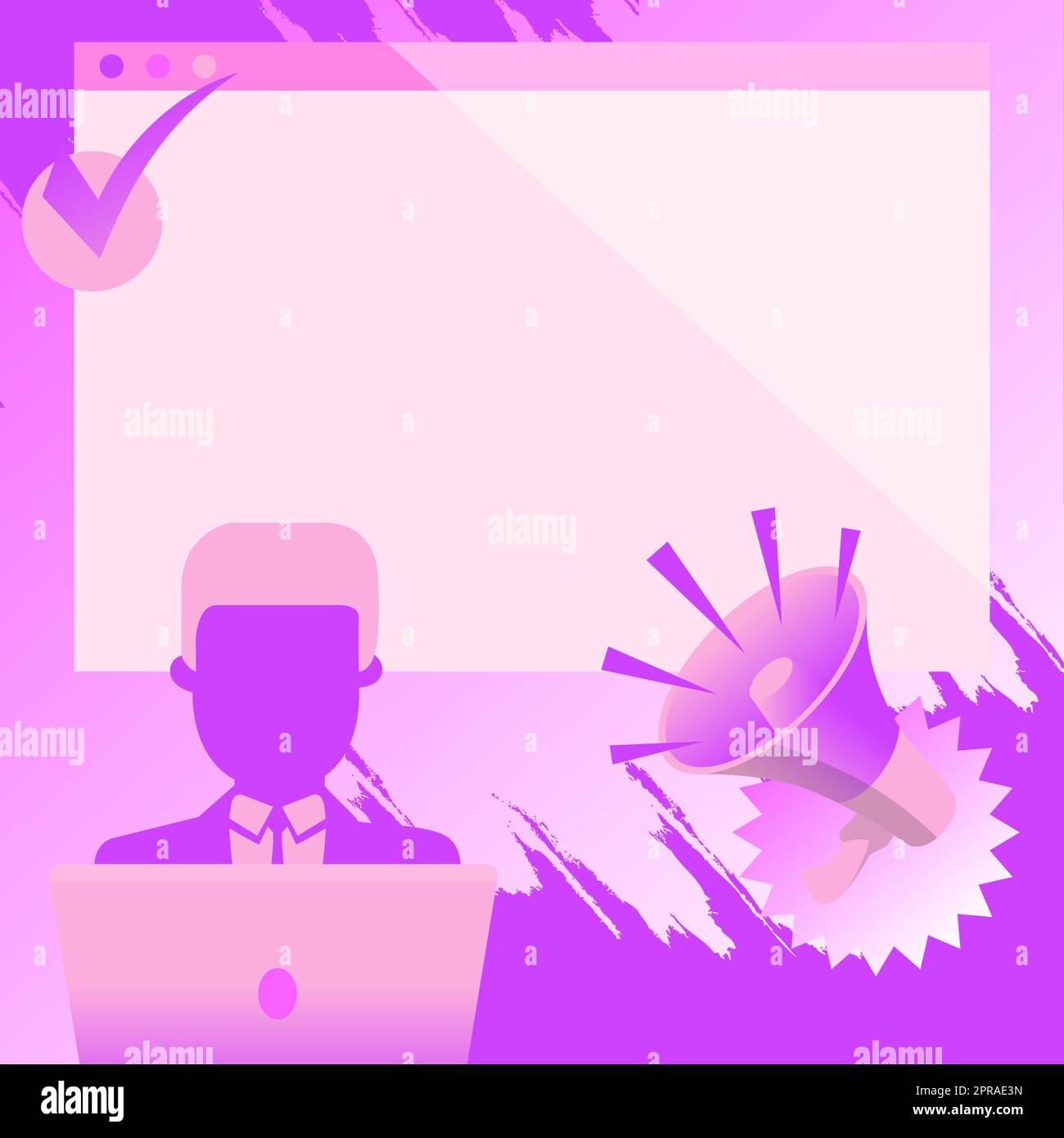 Uomo d'affari Drawing sitting lavorare con laptop accanto a Megaphone fare nuovo annuncio. Megafono visualizzazione di un messaggio importante su sfondo vuoto. Foto Stock