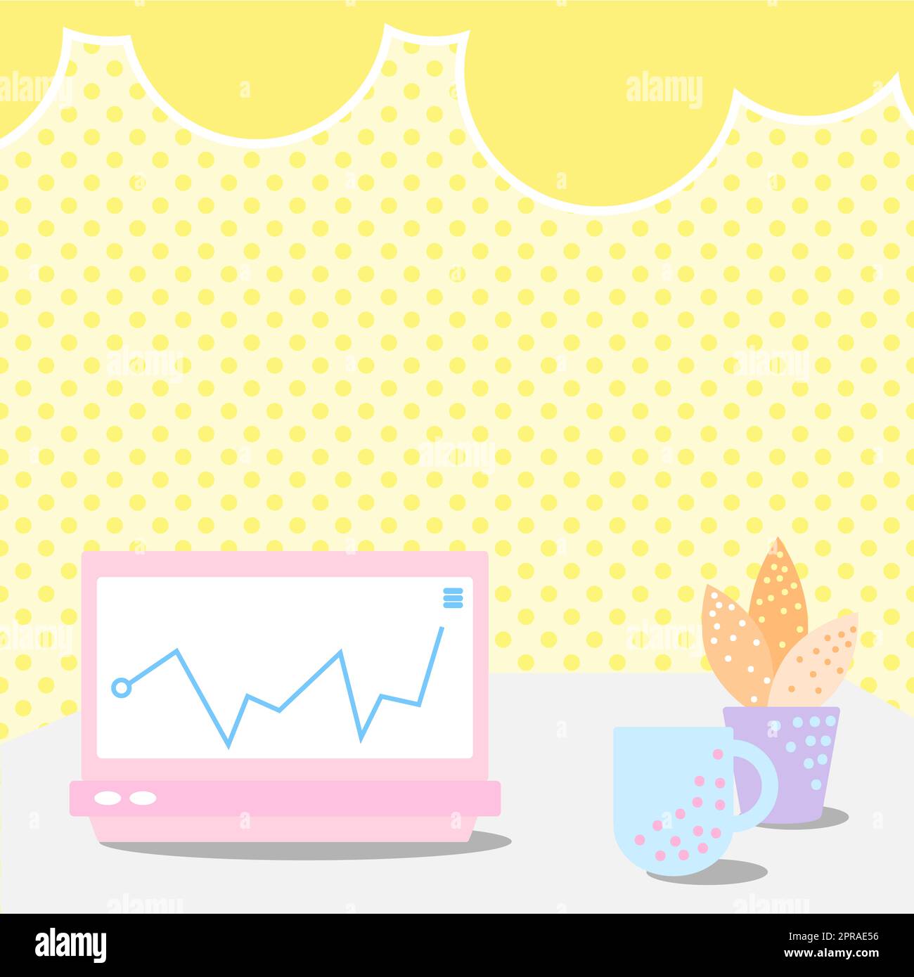 Laptop appoggiato su Un tavolo accanto alla tazza del caffè e alla pianta che mostra il processo di lavoro. Disegno della scrivania da ufficio con computer portatile. Computer Top Design. Foto Stock