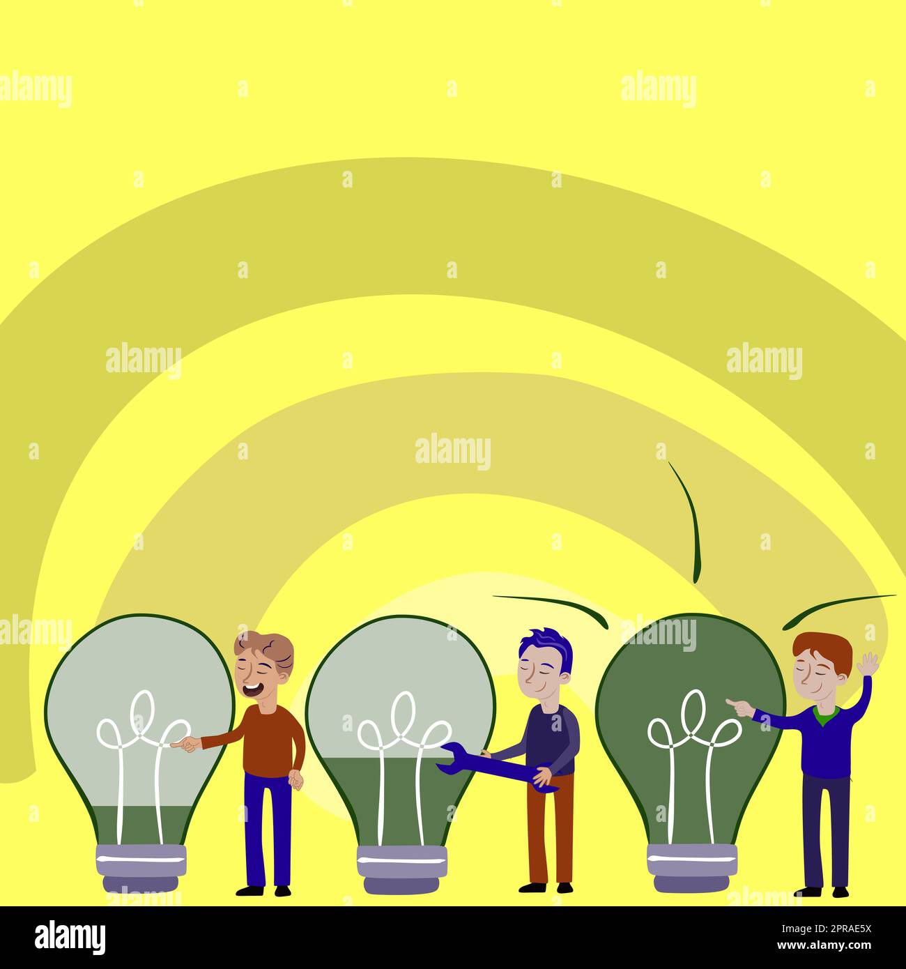 Tre persone che fissano le lampadine elettriche con le chiavi. Leader che indica il faro di lavoro con un dito che mostra informazioni importanti. Foto Stock