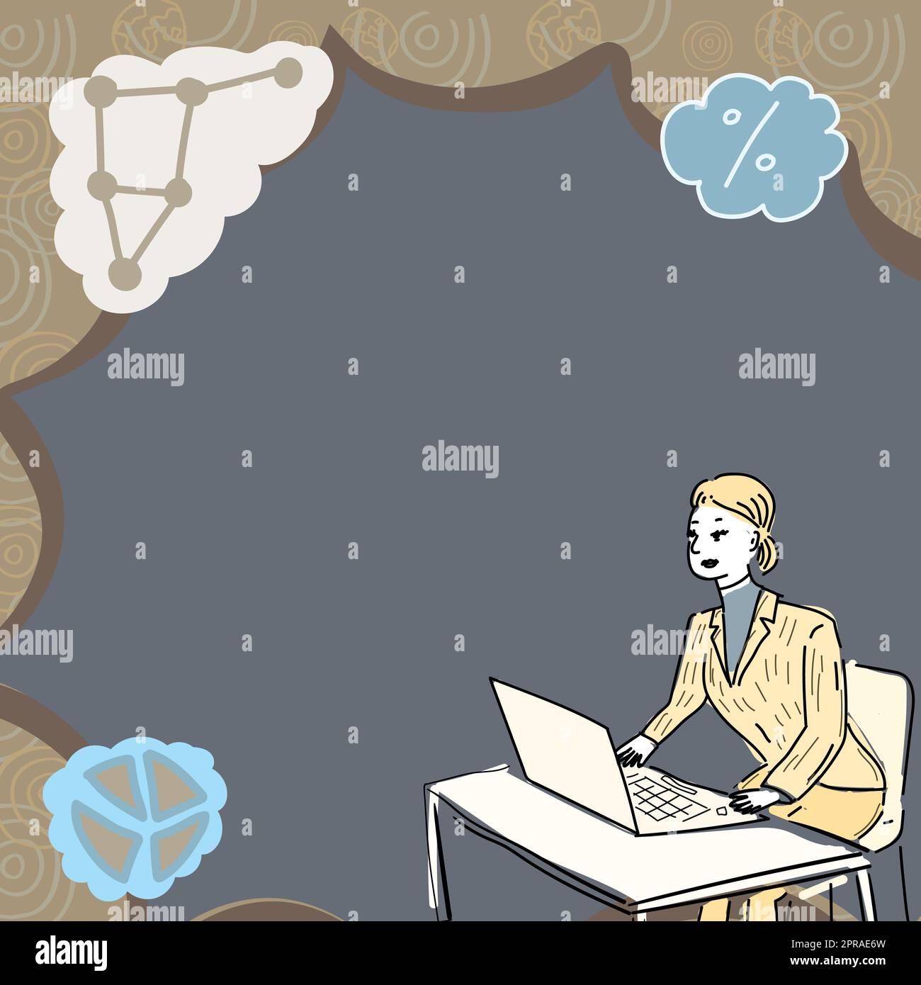 Business Coach seduto alla scrivania lavorando e presentando le tecnologie finanziarie. Insegnante in ufficio che ha nuovi materiali per l'iscrizione. Segnali finanziari e di percantaggio Foto Stock