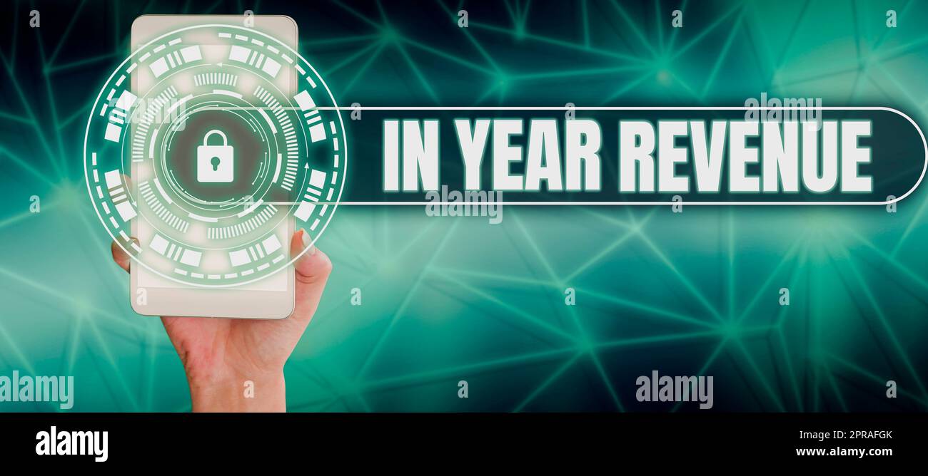Didascalia concettuale nel fatturato dell'anno. Word for Annual business income analisi finanziaria economica donna con telefono cellulare che presenta il blocco digitale per la sicurezza della rete. Foto Stock