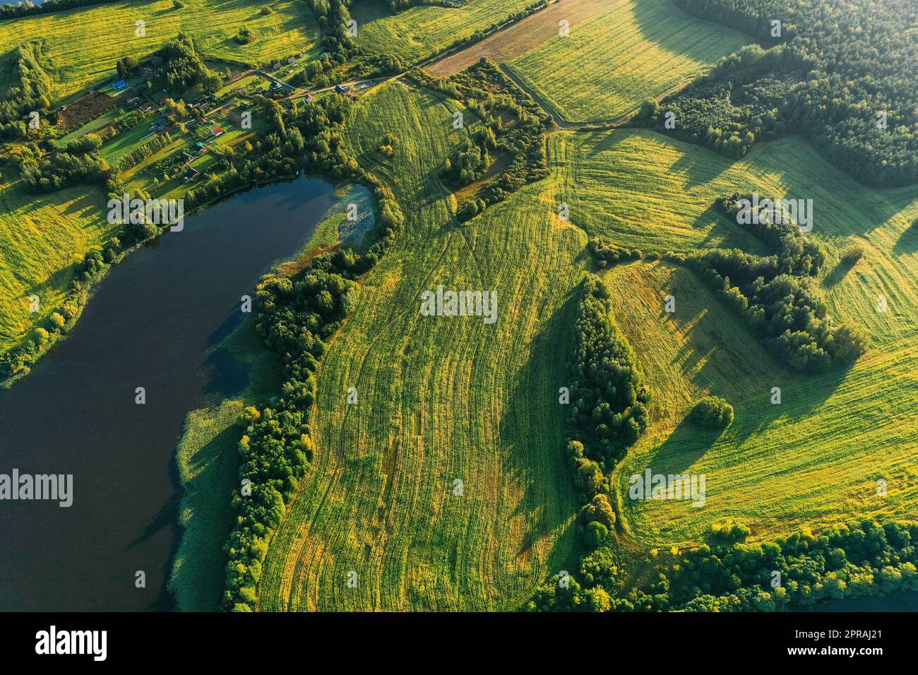 Distretto di Lyepyel, regione di Vitebsk, Bielorussia. Vista aerea dell'area residenziale con case in campagna. Soleggiata mattina d'autunno. Il sole splende sopra lo skyline della città e il lago Lepel. Vista piatta Foto Stock