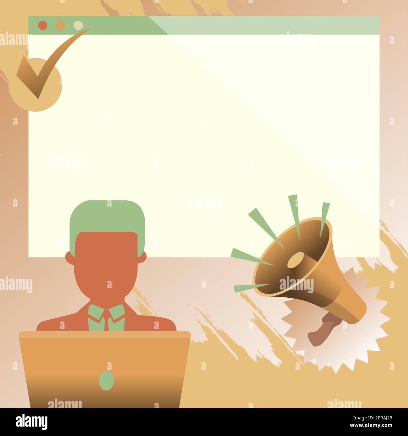 Uomo d'affari Drawing sitting lavorare con laptop accanto a Megaphone fare nuovo annuncio. Megafono visualizzazione di un messaggio importante su sfondo vuoto. Foto Stock