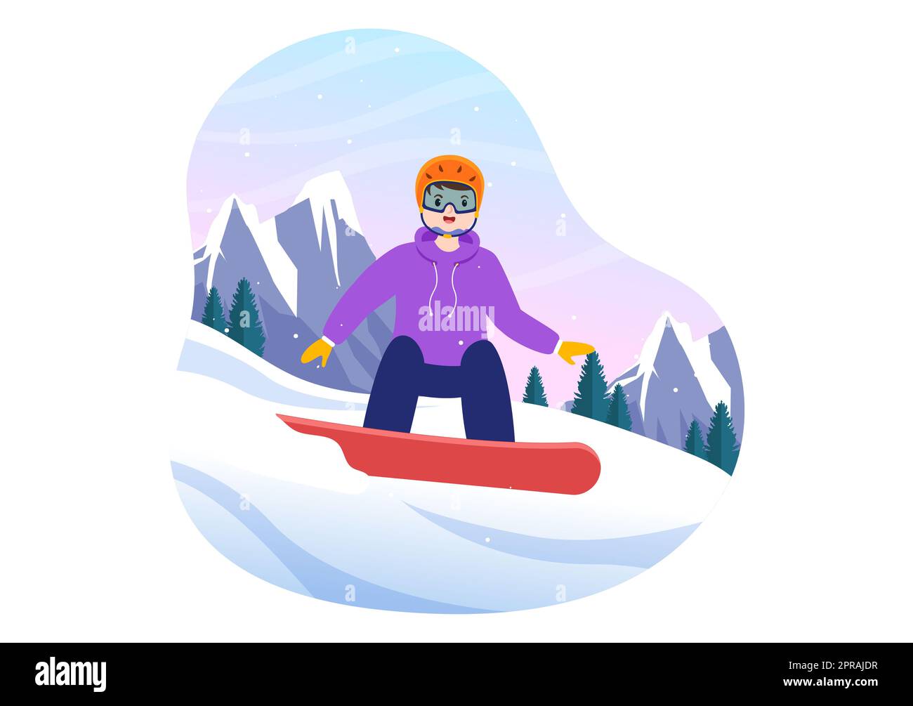 Snowboard piano Cartoon disegnato a mano Illustrazione di persone in vestito invernale scivolando e saltando con Snowboard a Snowy Mountain lati o piste Foto Stock