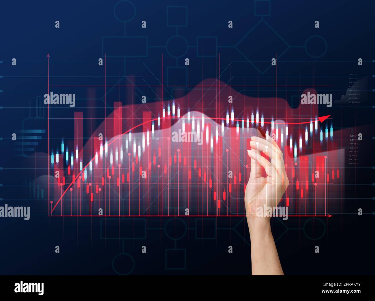Grafico olografico con tassi e indicatori in aumento. Concetto di crescita aziendale Foto Stock