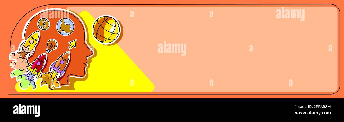 Testa Silhouette che esplodono di idee come Rocket Symbols. Uomo pensare nuove informazioni Cruziali. Uomo d'affari che mostra gli aggiornamenti con i simboli. Il dirigente sta prendendo le decisioni in mente. Foto Stock