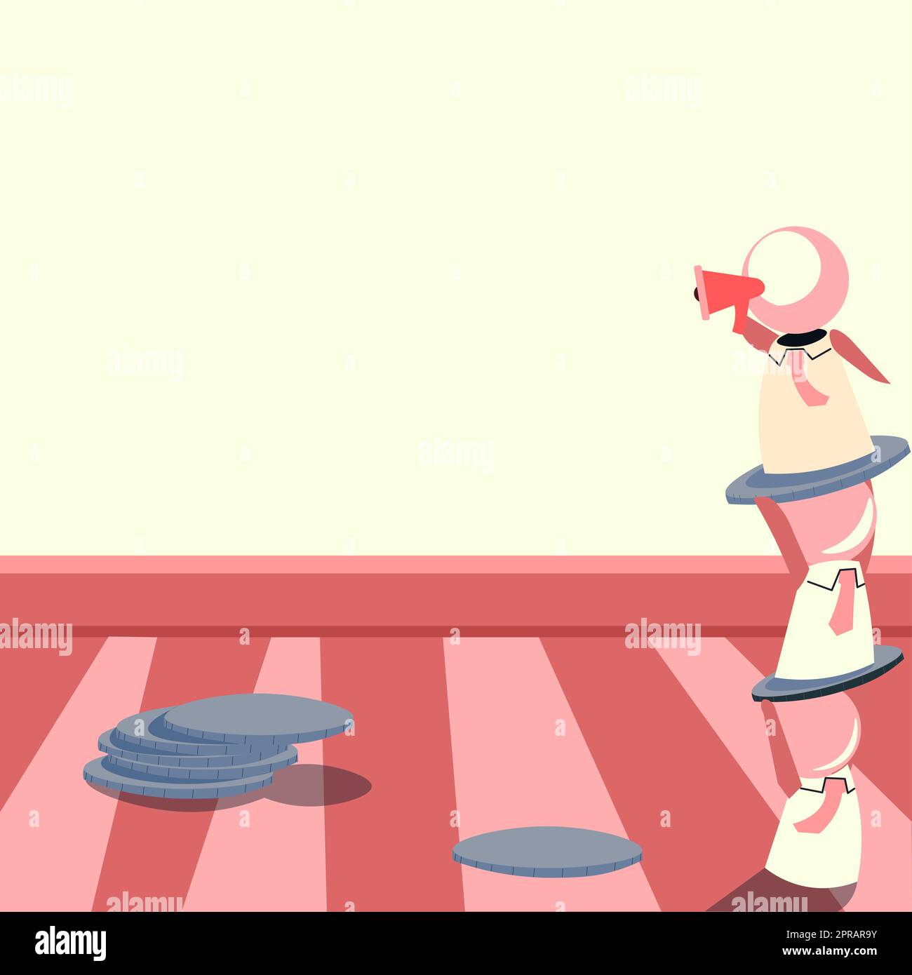 Robot in piedi l'uno sopra l'altro e presentare messaggi importanti con Megaphone. Uomini robotici che mostrano le informazioni di Cruial. Idee critiche visualizzate. Foto Stock