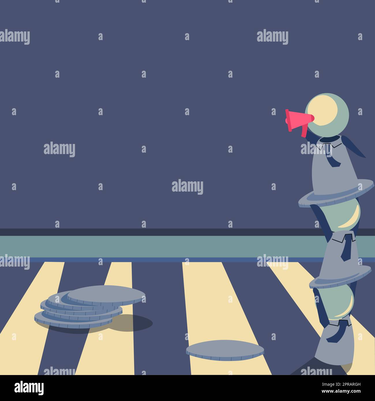 Robot in piedi l'uno sopra l'altro e presentare messaggi importanti con Megaphone. Uomini robotici che mostrano le informazioni di Cruial. Idee critiche visualizzate. Foto Stock