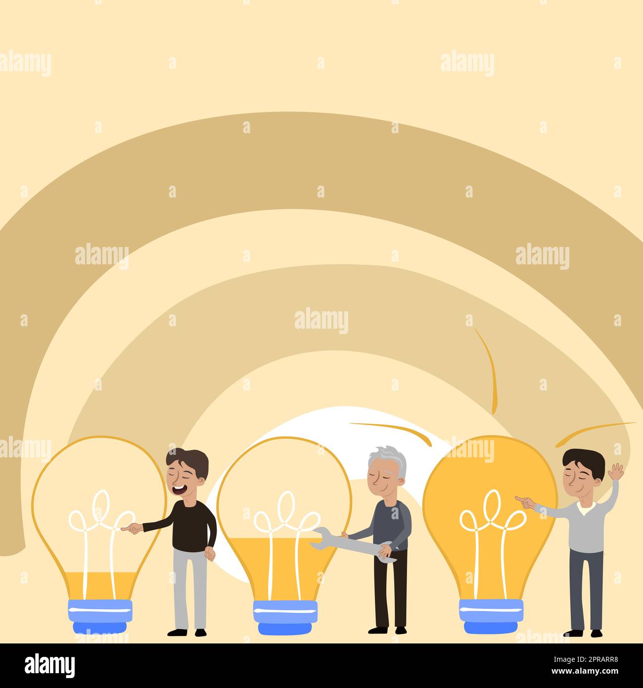 Tre persone che fissano le lampadine elettriche con le chiavi. Leader che indica il faro di lavoro con un dito che mostra informazioni importanti. Foto Stock