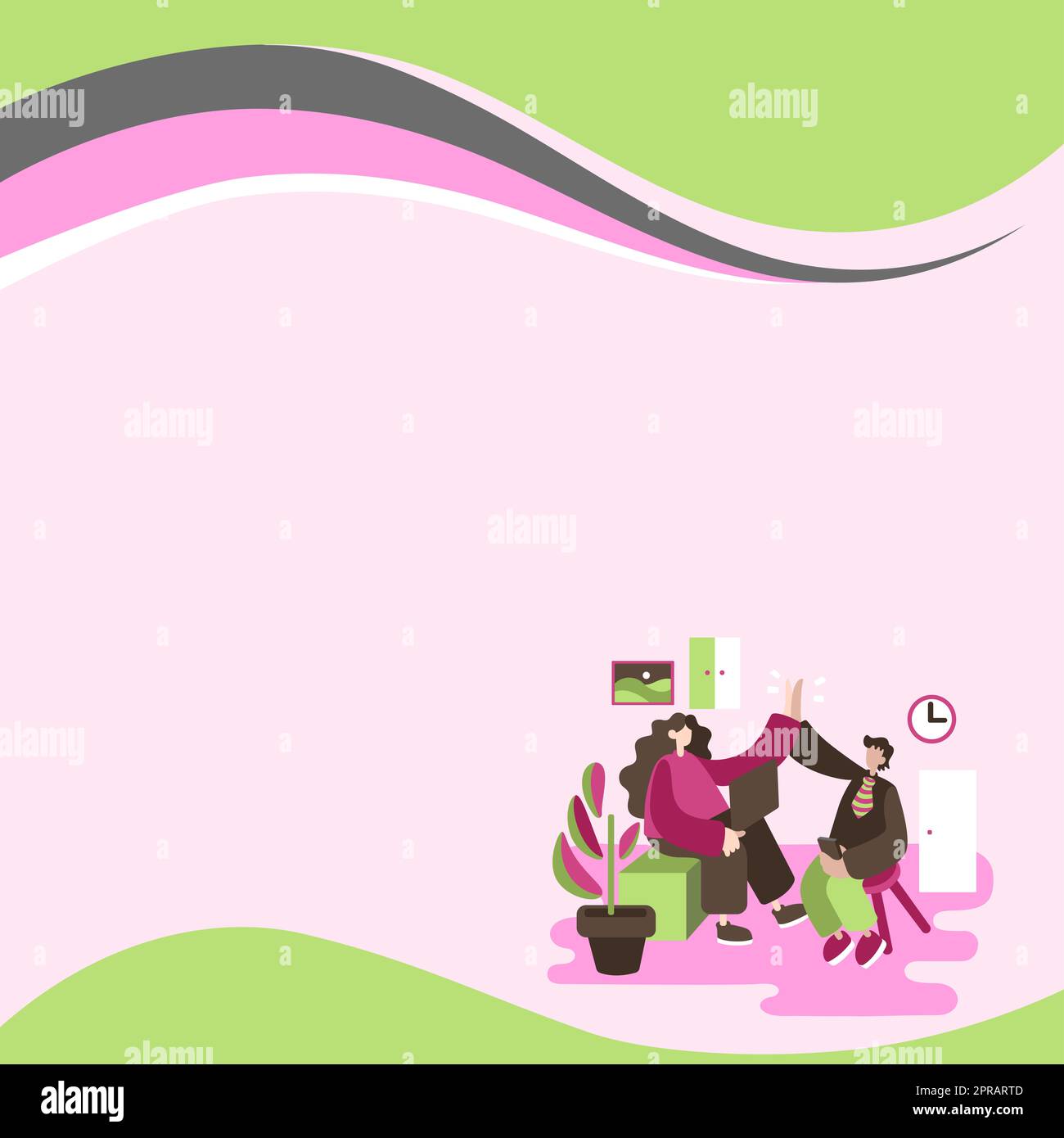 Colleghi che si batte le mani in ufficio. Lavorare insieme con i personaggi del disegno. Due lavoratori concordano con la stessa idea. Dipendenti che si prefiggono lo stesso concetto. Foto Stock