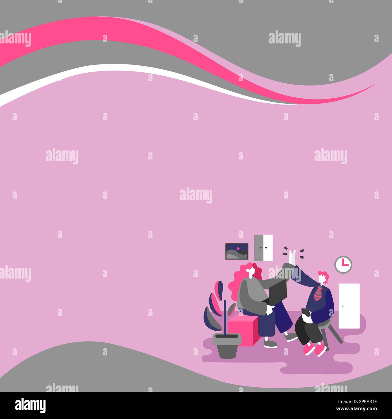 Colleghi che si batte le mani in ufficio. Lavorare insieme con i personaggi del disegno. Due lavoratori concordano con la stessa idea. Dipendenti che si prefiggono lo stesso concetto. Foto Stock