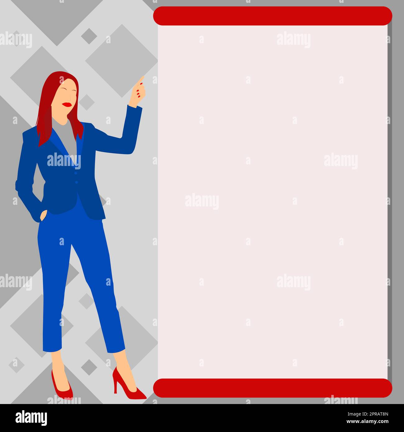 Businesslady che punta dito vuoto Drawboard che rappresenta la pianificazione di progetti futuri. Woman Points Blank Board che mostra i più recenti progressi del piano. Foto Stock